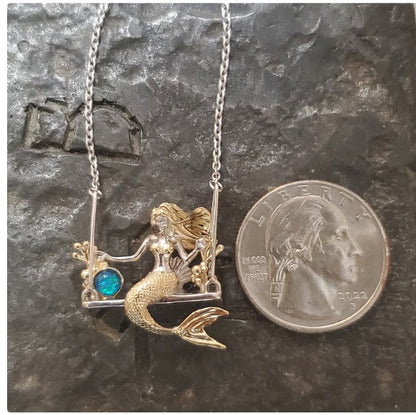 Sterling silver Mermaid on swing necklace with opal