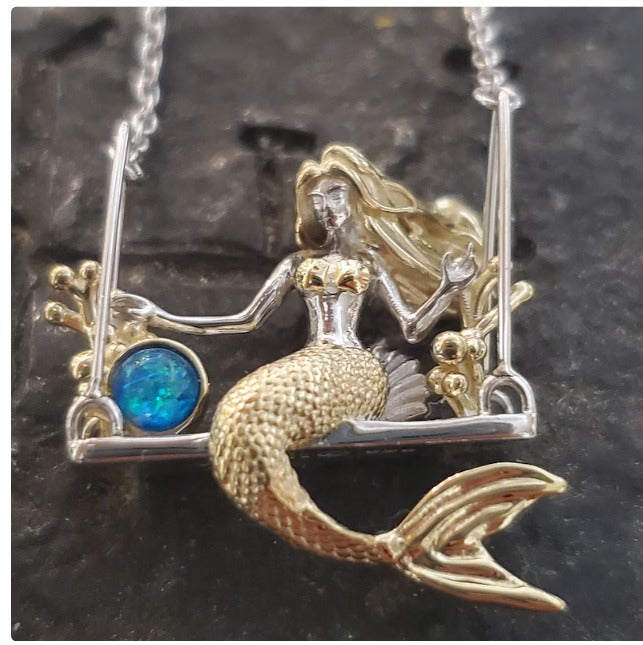 Sterling silver Mermaid on swing necklace with opal