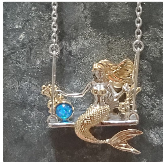 Sterling silver Mermaid on swing necklace with opal