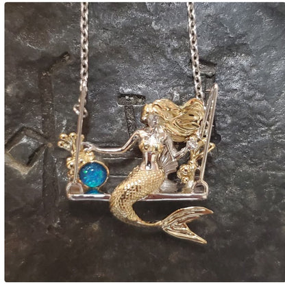 Sterling silver Mermaid on swing necklace with opal