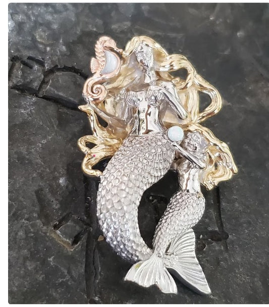 Beautiful mermaid silver pendant with baby and opal seahorse pearl unique jewelry