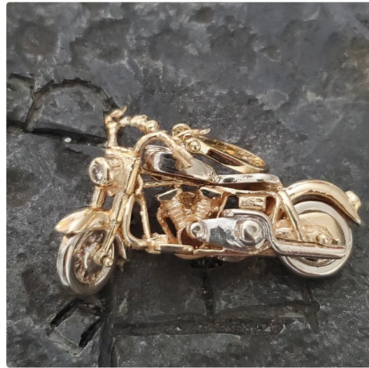 Solid 14kt gold Harley 3-D motorcycle pendant with diamond headlight and ruby taillight