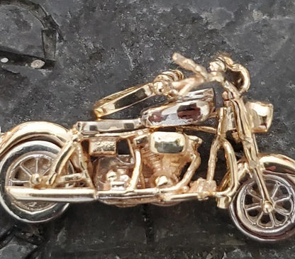 Solid 14kt gold Harley 3-D motorcycle pendant with diamond headlight and ruby taillight