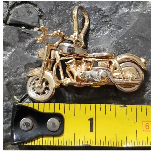 Solid 14kt gold Harley 3-D motorcycle pendant with diamond headlight and ruby taillight