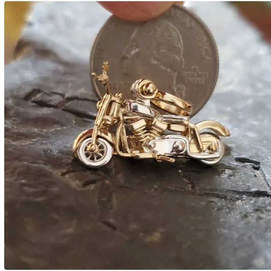 Mini sterling silver and 14kt gold overlay 3-D motorcycle pendant with movable parts handmade articulated