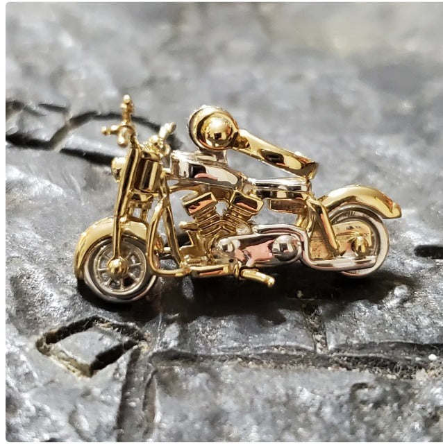 Mini sterling silver and 14kt gold overlay 3-D motorcycle pendant with movable parts handmade articulated