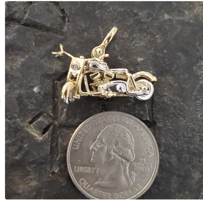 Mini sterling silver and 14kt gold overlay 3-D motorcycle pendant with movable parts handmade articulated