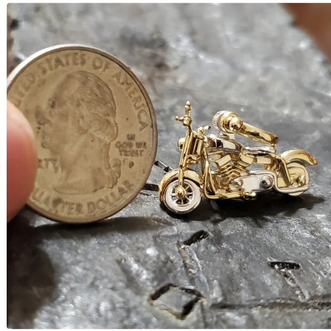 Mini sterling silver and 14kt gold overlay 3-D motorcycle pendant with movable parts handmade articulated