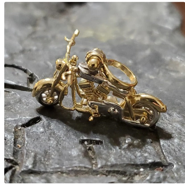 Mini sterling silver and 14kt gold overlay 3-D motorcycle pendant with movable parts handmade articulated