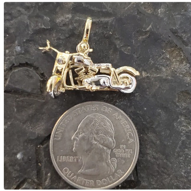 Mini sterling silver and 14kt gold overlay 3-D motorcycle pendant with movable parts handmade articulated