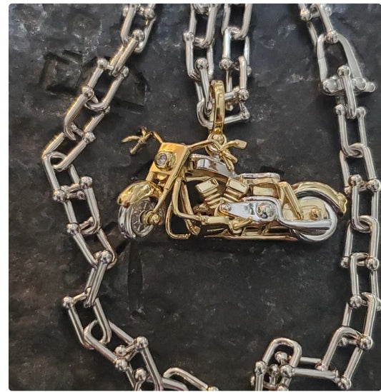 Gorgeous sterling silver and 14kt gold overlay 3-D motorcycle pendant with movable parts handmade articulated and shackle chain