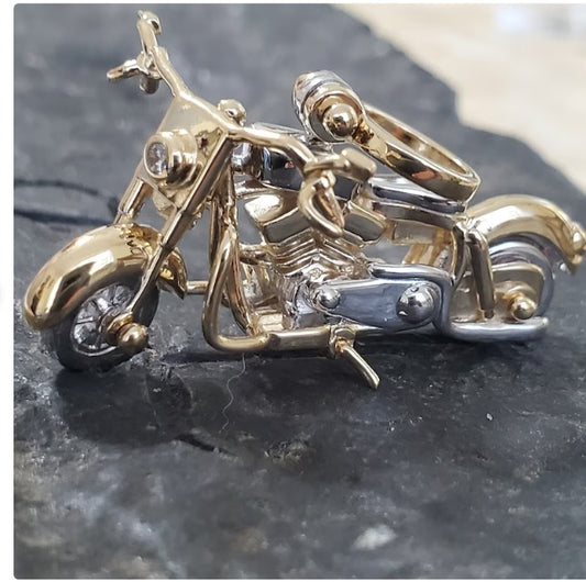 Stunning sterling silver and 14kt gold overlay 3-D motorcycle pendant with movable parts handmade articulated