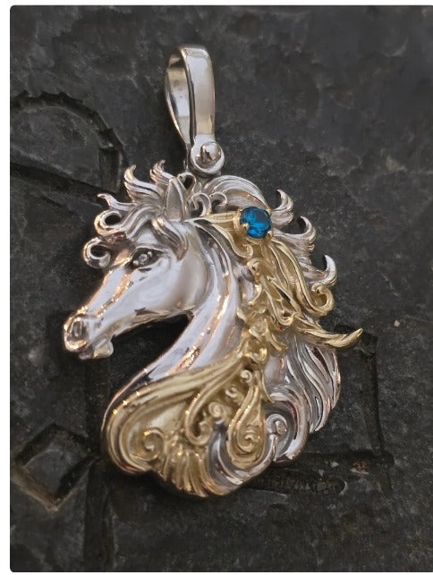 Horse pendant equestrian sterling silver blue topaz handmade