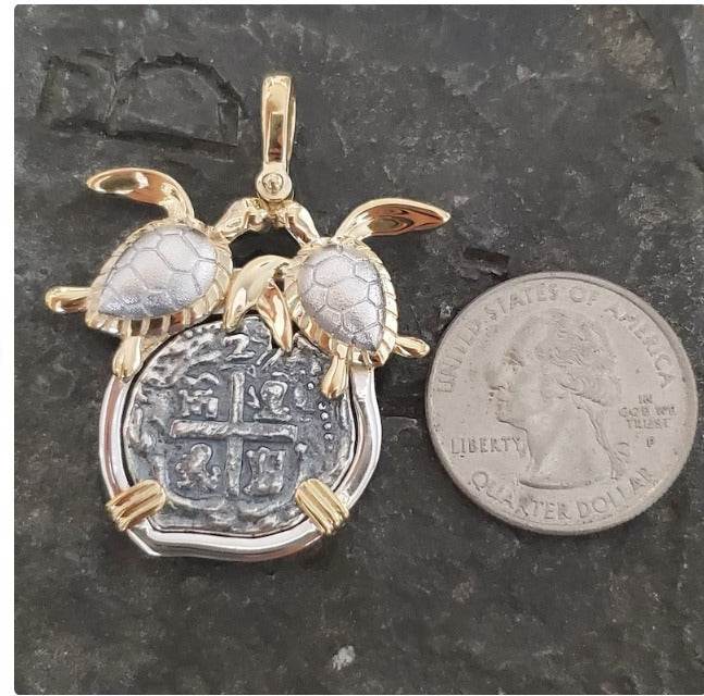 Atocha silver double turtle coin shipwreck treasure pendant with shell inlay