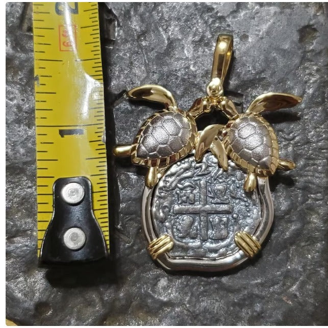 Atocha silver double turtle coin shipwreck treasure pendant with shell inlay