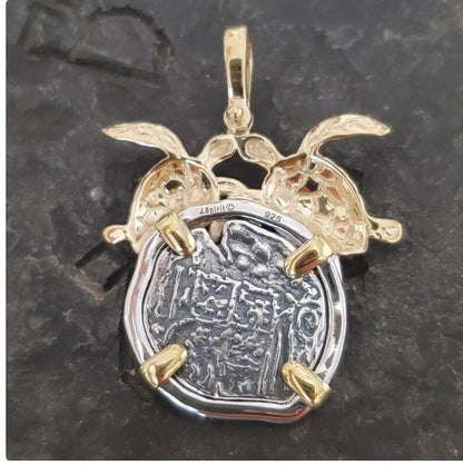 Atocha silver double turtle coin shipwreck treasure pendant with shell inlay