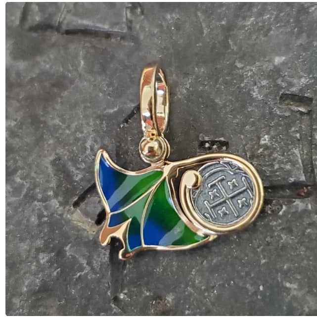 Stunning Atocha manta ray 14kt gold overlay shipwreck treasure coin pendant with handpainted enamel