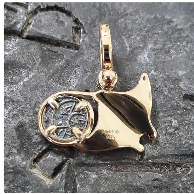 Stunning Atocha manta ray 14kt gold overlay shipwreck treasure coin pendant with handpainted enamel
