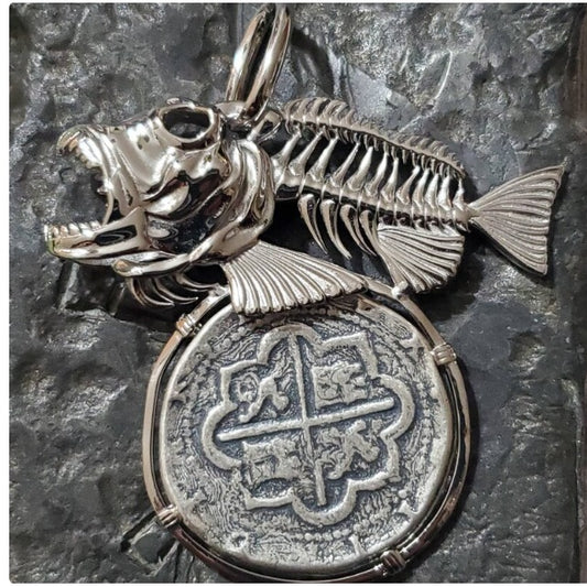 Atocha BIG LARGE silver coin pendant skeleton cubera snapper shipwreck sunken treasure silver coin