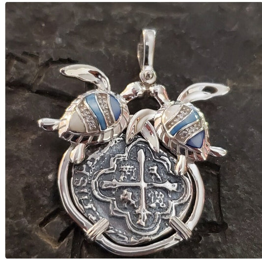 Atocha silver double turtle coin shipwreck treasure pendant with shell inlay