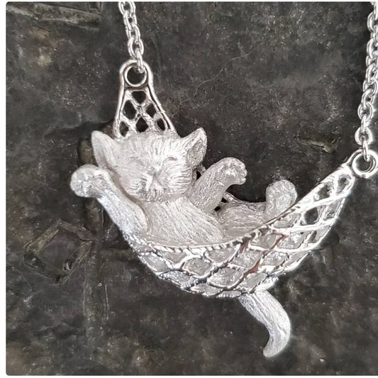 Silver cat necklace in a hammock jewelry