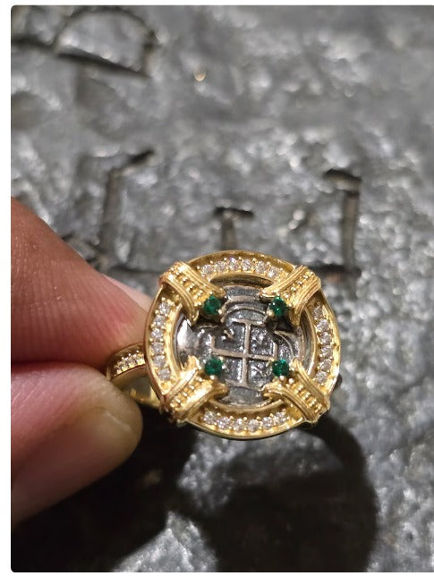Atocha coin 14kt gold overlay ladies ring white sapphire and green topaz band shipwreck sunken treasure coin