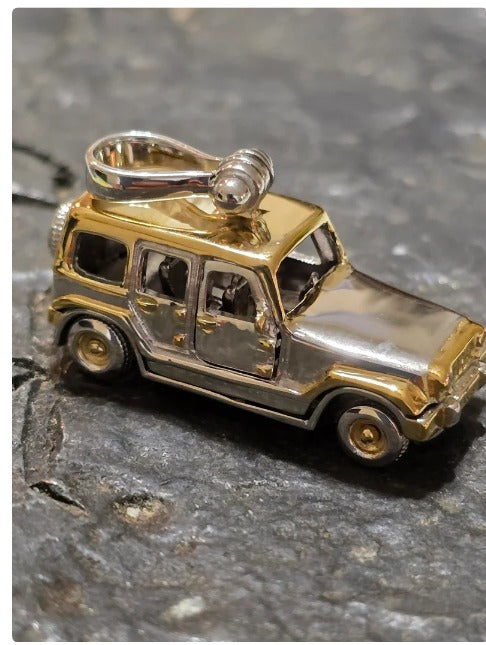Jeep silver and 14kt gold overlay 3-D jeep life pendant with movable parts handmade articulated