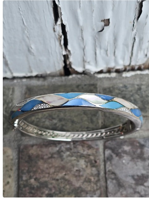 Stunning Sterling silver mother of pearl bangle bracelet designer jewelry bold and beautiful classy nautical elegant