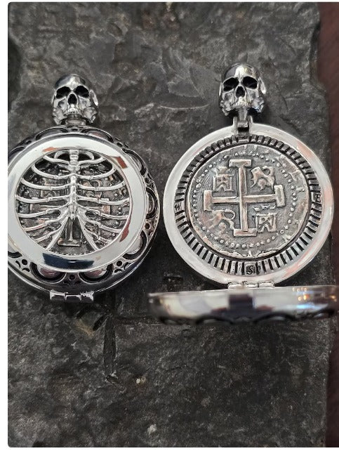 Atocha coin skull skeleton pendant locket silver coin jewelry