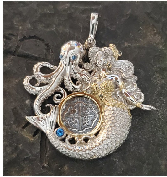 Beautiful atocha silver mermaid and octopus pendant shipwreck sunken treasure coin jewelry