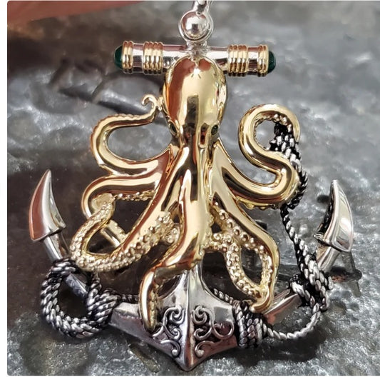Sterling silver anchor pendant with 14kt gold vermeil octopus