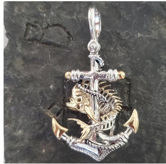 Skeleton mahi mahi on anchor pendant sterling silver 14kt gold overlay nautical jewelry