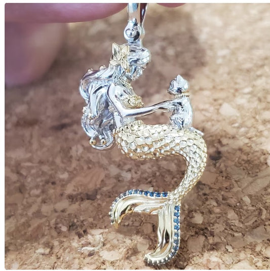 Gorgeous Sterling silver and 14kt gold vermeil mermaid with kitten cat pendant