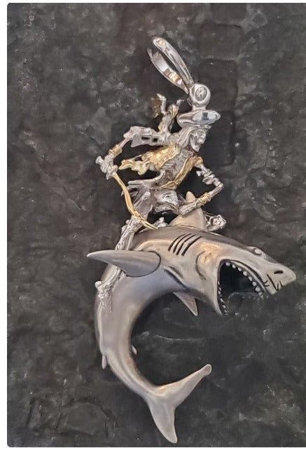 Pirate skeleton riding shark pendant solid sterling silver limited edition collection