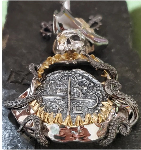 Large Atocha silver shipwreck treasure coin pirate octopus shark jaw bezel limited edition collection