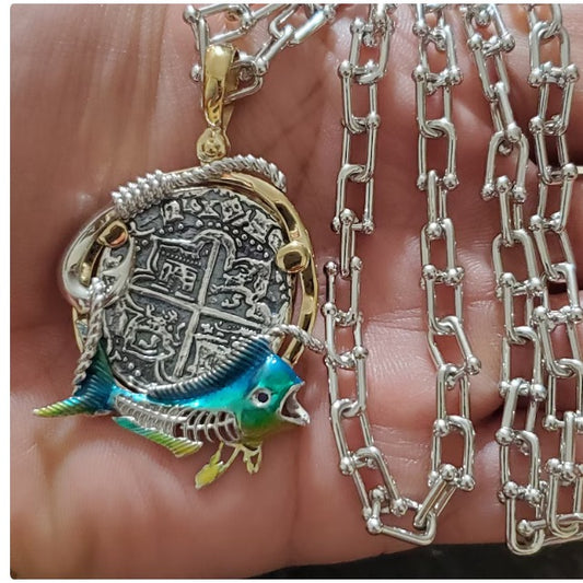 Atocha skeleton mahi silver hook coin pendant with shackle chain
