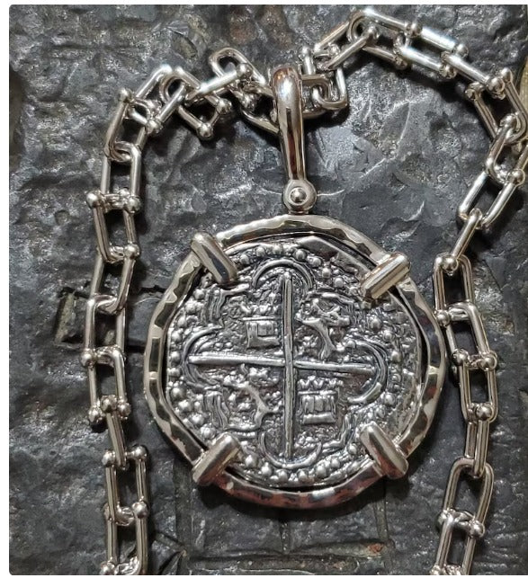 Large ATOCHA coin with heavy sterling silver shackle chain sunken treasure shipwreck coin
