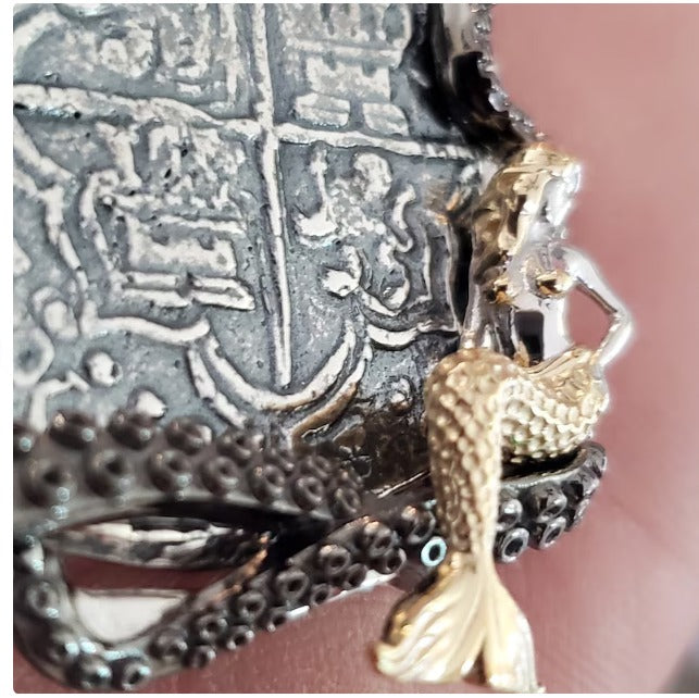 Large Atocha mermaid custom bezel shipwreck sunken treasure coin black rhodium tentacles