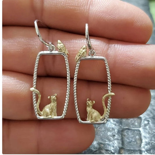 Darling kitten and bird earrings