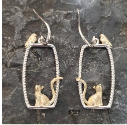 Darling kitten and bird earrings