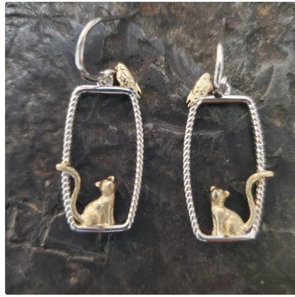 Darling kitten and bird earrings