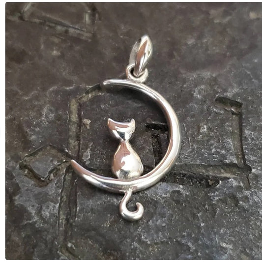 Cat on moon pendant sterling silver