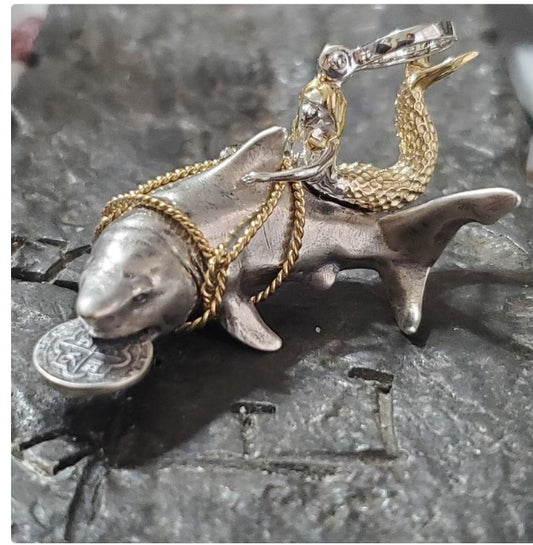 Atocha coin with mermaid and shark bezel shipwreck sunken treasure coin pendant
