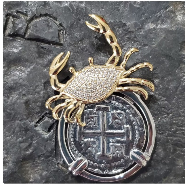 Atocha 14kt gold overlay crab bezel coin pendant shipwreck treasure white topaz