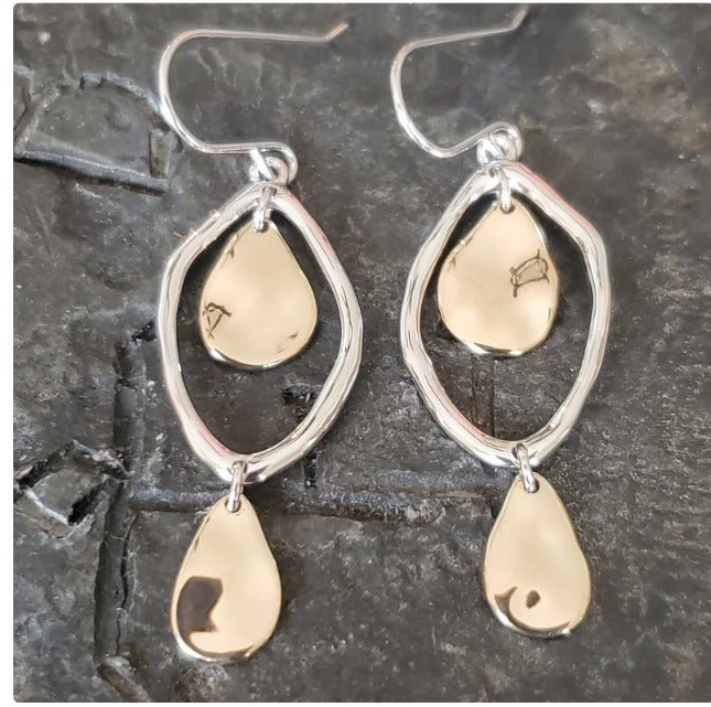 Elegant and classy dangle drop sterling silver with with 14kt gold overlay hammered finish