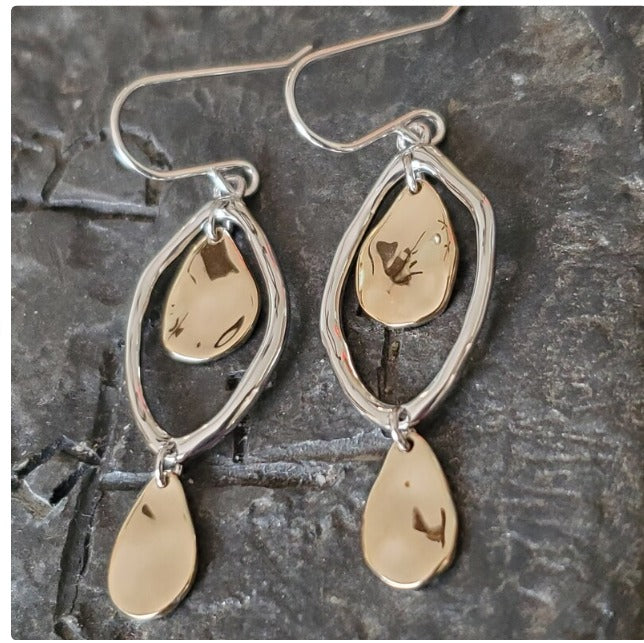 Elegant and classy dangle drop sterling silver with with 14kt gold overlay hammered finish