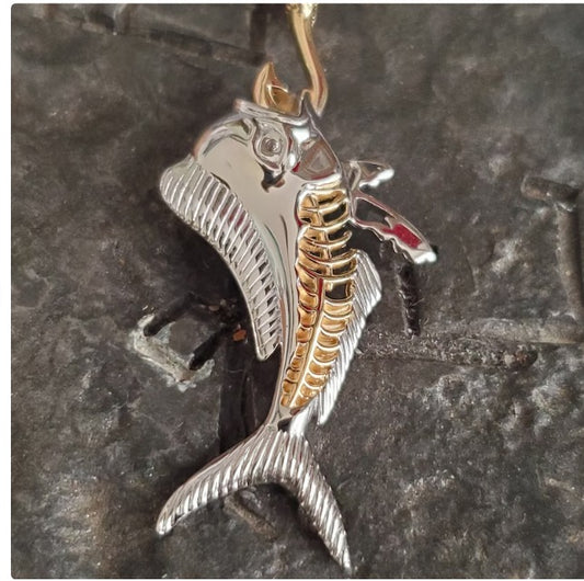 Mahi mahi sterling silver 14kt gold overlay skeleton mahi on hook pendant gorgeous jewelry with chain