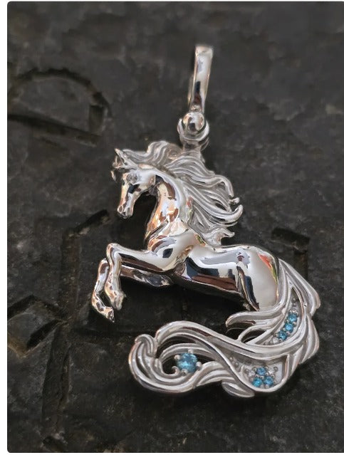 Horse pendant equestrian sterling silver swiss blue topaz gemstones handmade