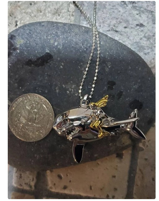 Mermaid riding a shark pendant