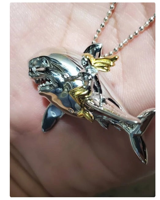 Mermaid riding a shark pendant